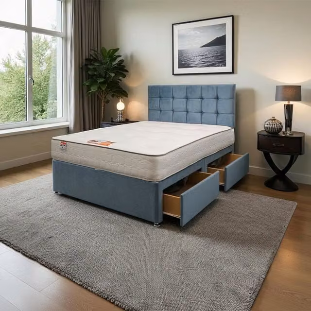 Knight Sleep Cubed Plush Single Bed Set with Mattress and 24 inch Headboard in Sky Blue