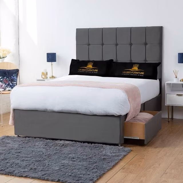 UK Bed Furniture Florence Divan Bed with 4 Drawers and 26 Inch Headboard in Grey, W/D/H: 200 x 200 cm