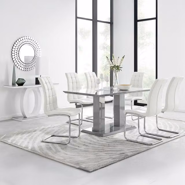 FurnitureboxUK Imperia Grey Rectangular Glass Dining Table and 6 White Murano Chairs