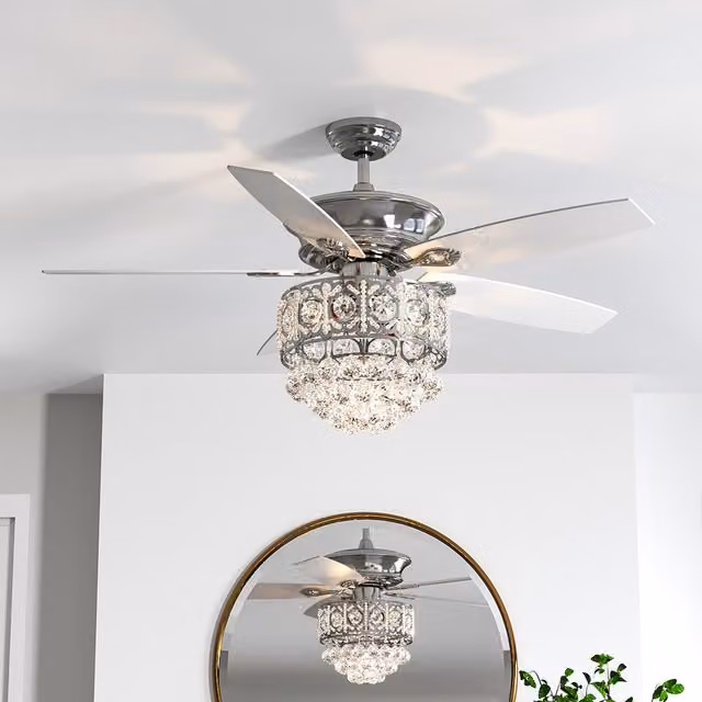 Livingandhome Chrome Ceiling Fan Light with Crystal Pendant Decoration