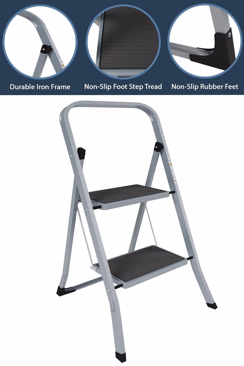 HD Designs 2 Step Folding Ladder with Anti-Slip Mat in Grey – 3