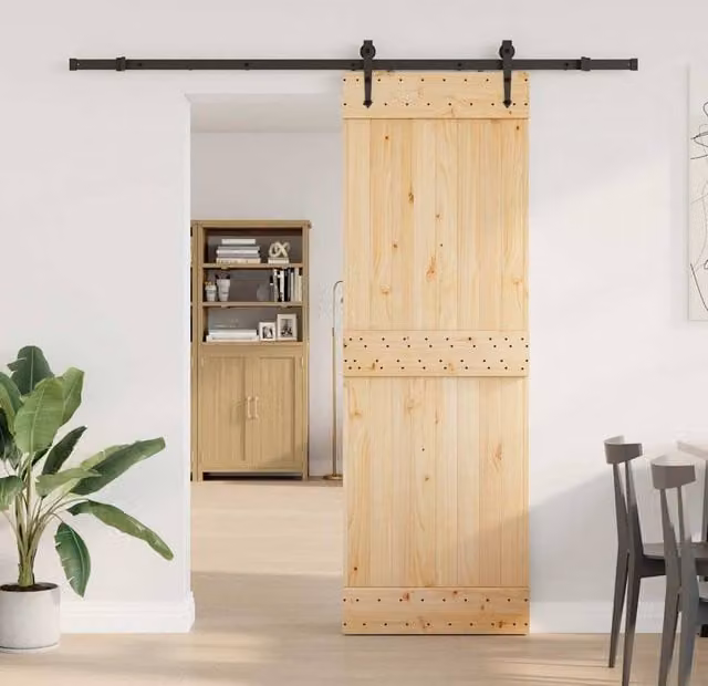 Berkfield Home Modern Sliding Door with Hardware Set in Beige Solid Wood, W: 70 cm, H: 210 cm