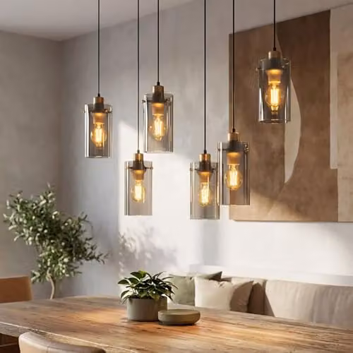 Globo Lighting Cylinder Pendant Light in Black and Gold/Brass with Smoke Grey Glass, 6 x E27 Sockets, W/D/H: 24 x 24 x 120 cm – 2