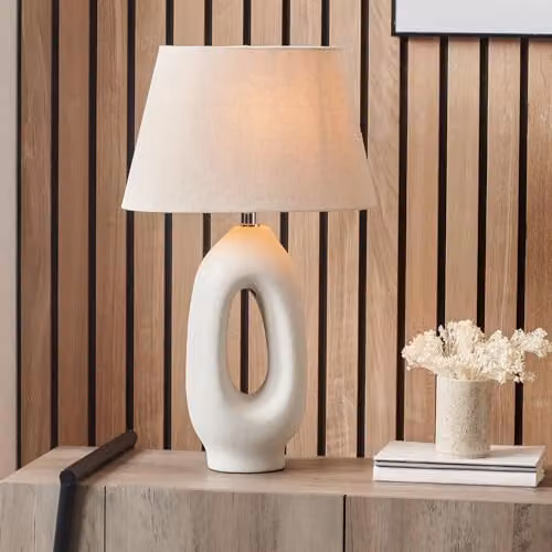 Pacific Lifestyle Ruma Abstract Boho Ceramic Table Lamp in Cream and Beige with Fabric Shade – 1