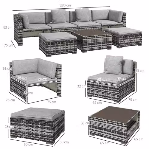 Outsunny 7 Piece Grey Rattan Garden Furniture Set with Upholstered Cushions, Ottoman and Coffee Table – 6
