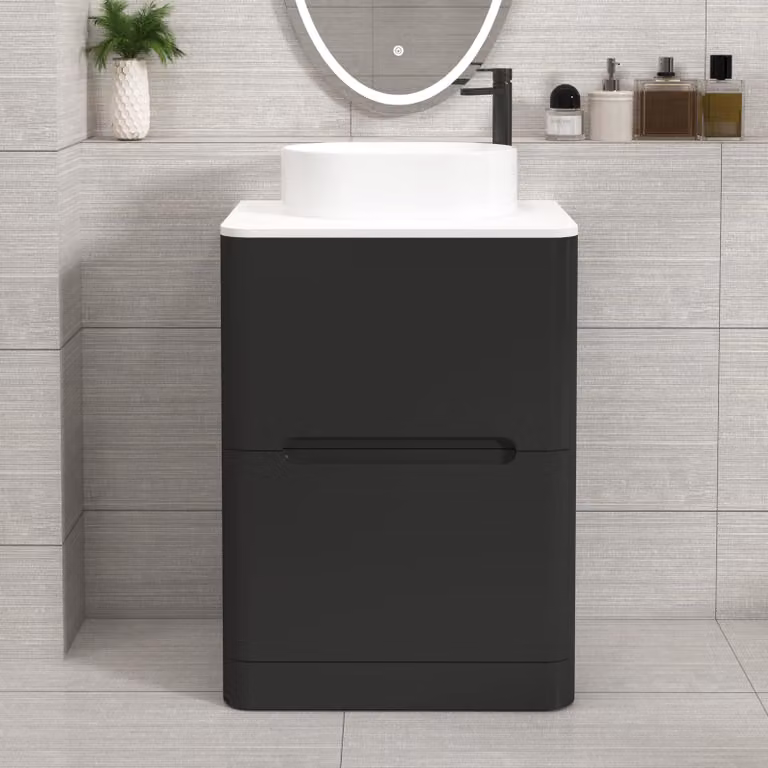 Royal Bathrooms Venice 600mm Matt Nocturne Black Floor Standing 2 Drawer Vanity Unit with Plain White Worktop and Peak Basin