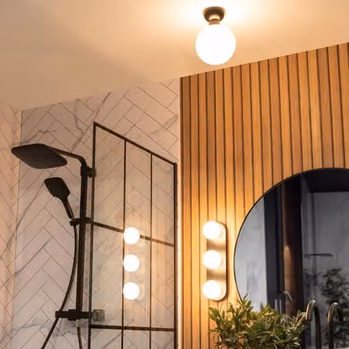 ValueLights Orbital 3 Way Matt Black Wall and Ceiling Light with Opal Glass Globe Shade and Cool White LED Bulb, IP44 Rated – 5