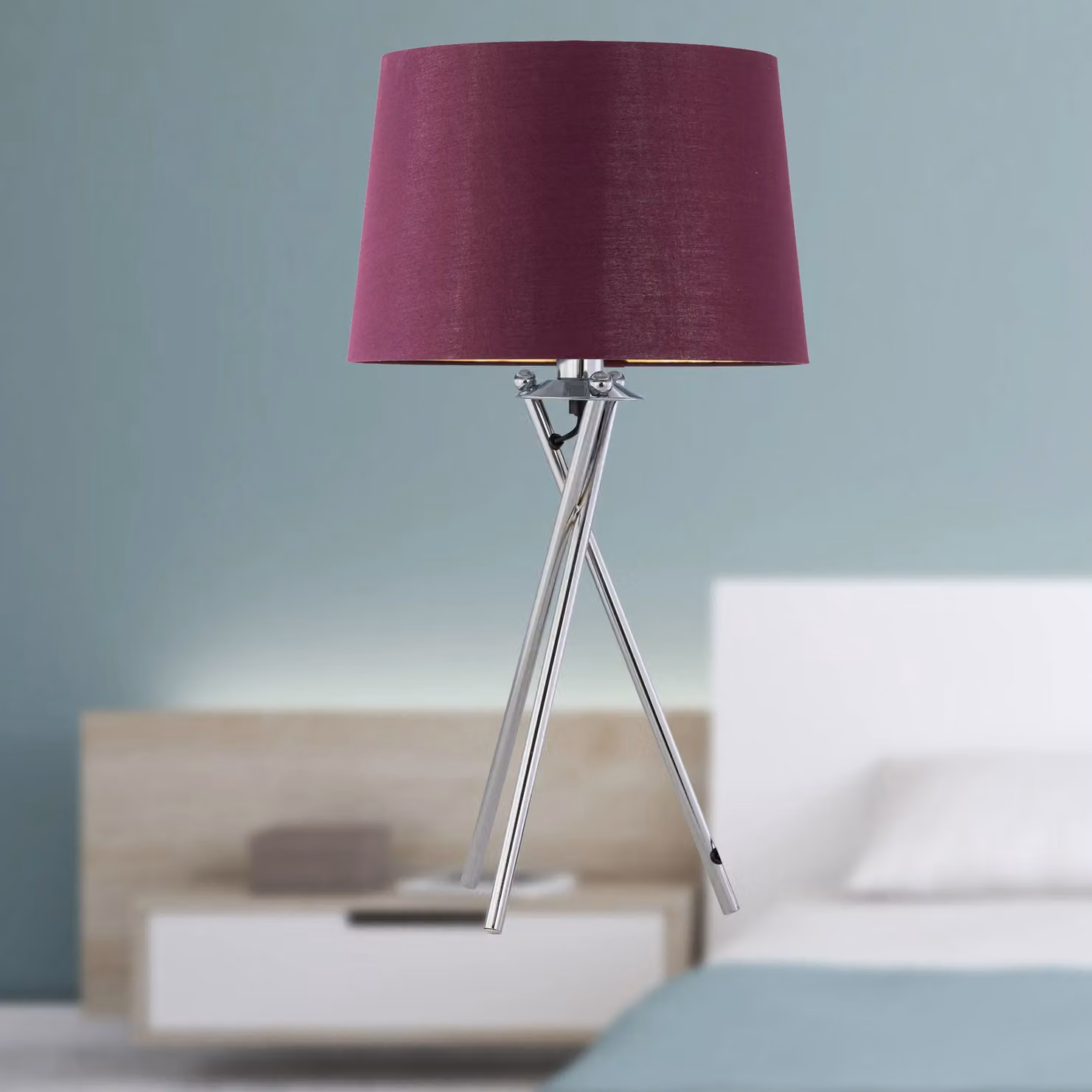 First Choice Lighting Tripod Chrome Lamp with Burgundy and Gold Fabric Shade – 3