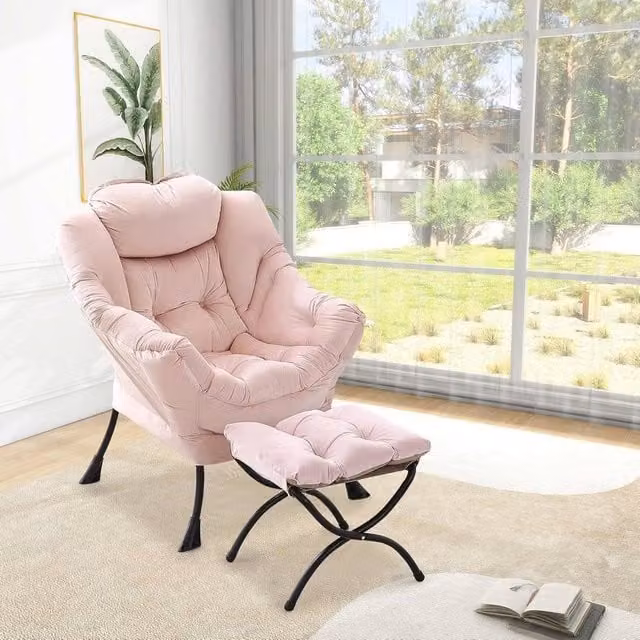 London Boutique Modern Upholstered Lounge Chair with Ottoman in Light Pink