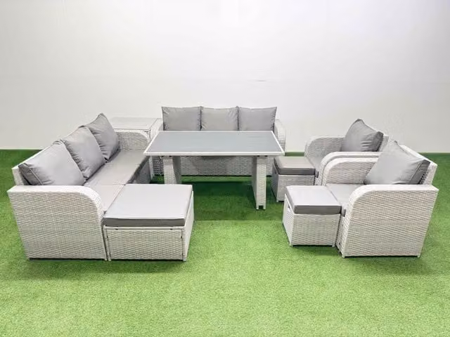 Fimous 11 Seater PE Rattan Outdoor Reclining Furniture Set in Light Grey
