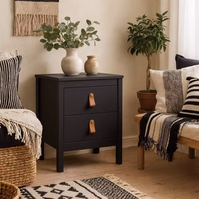 Wyld Haus Wildberry Matt Black Bedside Table with 2 Drawers and Leather Strap Handles