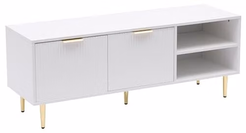 MMT White TV Stand Cabinet with Fluted Ribbed Gloss Doors and Gold Legs, W: 130 cm, D: 40 cm, H: 50 cm