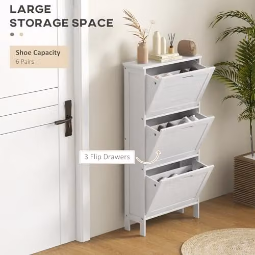 HOMCOM Narrow White Shoe Storage Cabinet with 3 Tilting Compartments and Internal Shelves, W/D/H: 53 x 18 x 108.5 cm – 2