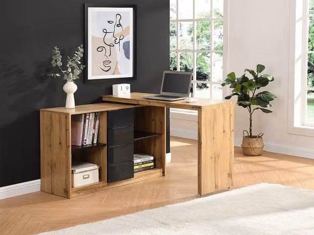 PAVELO Extendable Corner Desk with 360 Degree Swivel Top in Black and Brown MDF, W/D/H: 120 x 76.5 x 75 cm