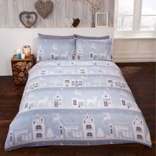 Rapport Home Reindeer Road Christmas Cotton Flannel Duvet Set and Pillowcase in Silver, W/D/H: 200 x 200 cm