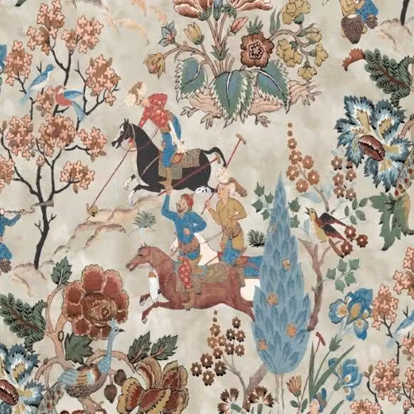 Edinburgh Weavers Perdita Oriental Floral Cotton Fabric in Multicolour and Beige