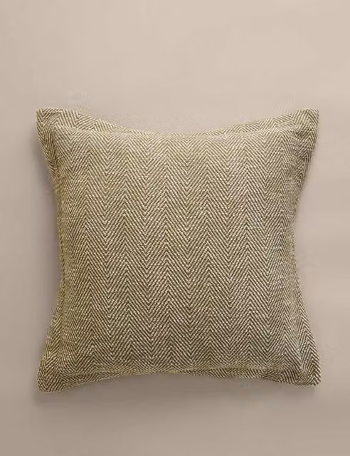 M&S Green Herringbone Pure Cotton Square Cushion with Removable Washable Cover
