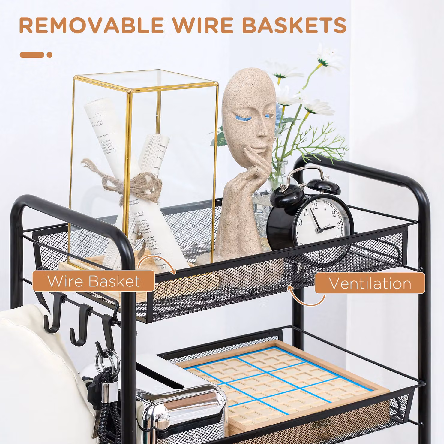 HOMCOM 5 Tier Utility Rolling Cart with Removable Mesh Baskets, Black – 4