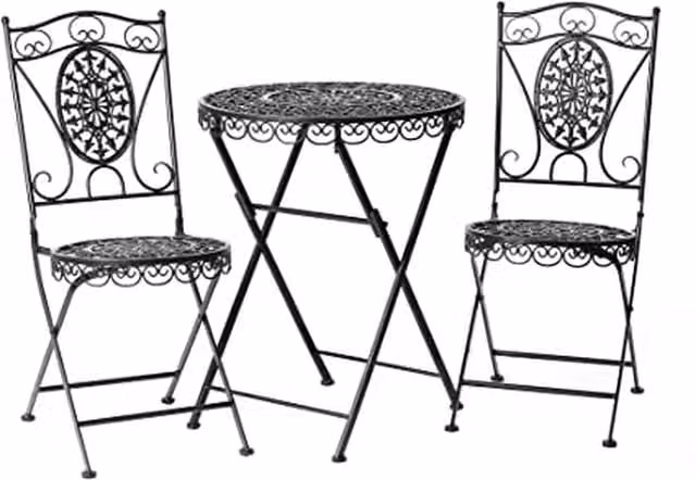 GlamHaus Catalina 3 Piece Black Cast Iron Bistro Set for Garden and Terrace