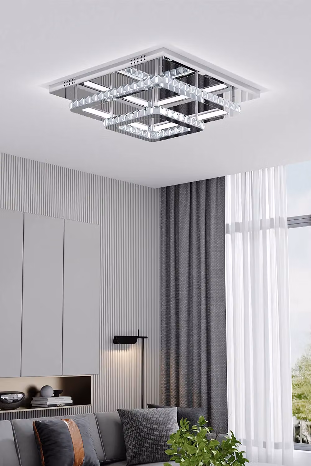 Living and Home Crystal Maze Square LED Ceiling Lamp in Silver and Transparent – 4