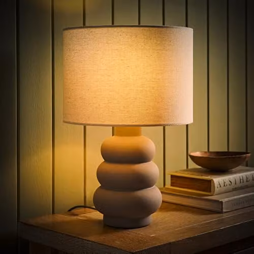 ValueLights Rochelle Grey Bubble Stack Ceramic Table Lamp with Natural Linen Drum Shade and LED Bulb – 2