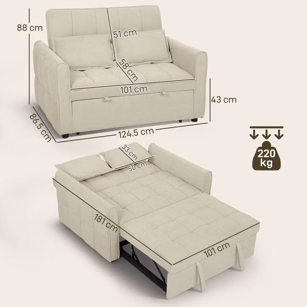 STILVORA 2 Seater Velvet Sofa Bed in Beige with Adjustable Headrest and Pull Out Frame, W/D/H: 124.5 x 86.5 x 88.0 cm, Sleeping Area: 90 x 190 cm – 2