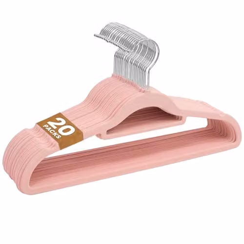 Sasha Morel 20 Pack Non-Slip Velvet Coat Hangers with Tie Organiser and Swivel Hooks, Pink – 1