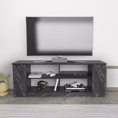 DECOROTIKA Space TV Stand in Black Marble Effect with Open Shelves, W: 140 cm, H: 32 cm, D: 25.6 cm – 1