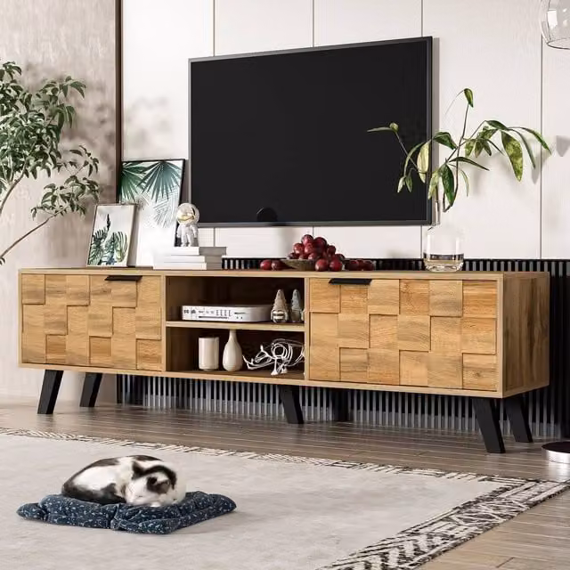 Merax Mid-Century TV Stand with Textured Checkerboard Doors in Walnut Brown and Black, W: 160.5 cm, D: 45 cm, H: 45 cm – 1