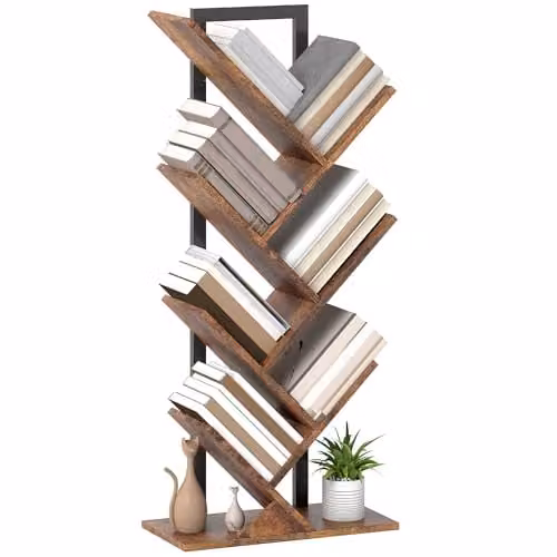 HOMCOM 7-Tier Tree Bookshelf with Industrial Steel Frame in Brown