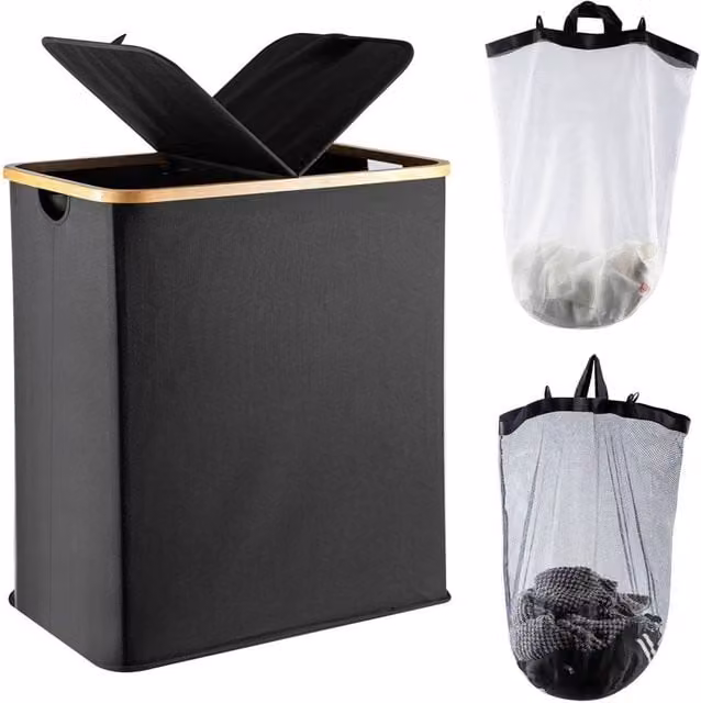 Kelvenix Extra Large Laundry Basket with Removable Bags in Black