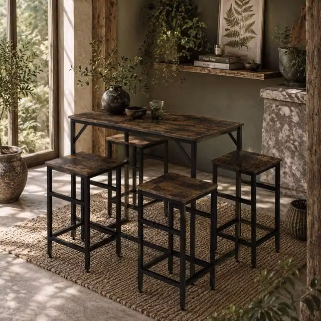 Wyld Haus Vimose 5 Piece Rustic Brown Breakfast Bar Table and Stool Set in Black – 1