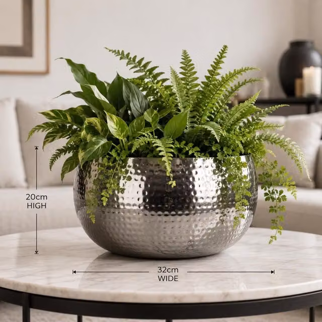 Leaf Large Hammered Metal Planter Bowl in Silver, W/D/H: 32 x 32 x 20 cm – 2