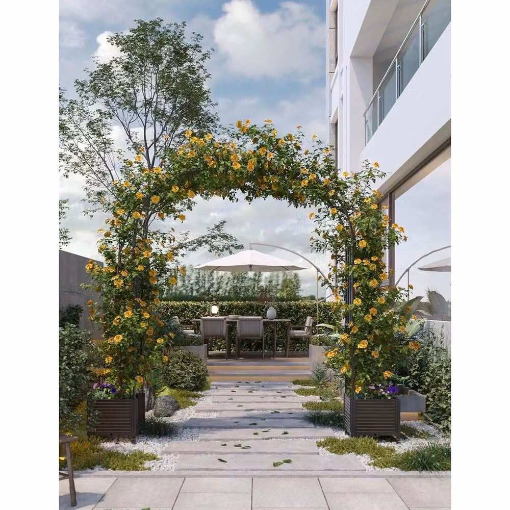VOGREX Black Metal Garden Arch with Trellis and Planter Box on Wheels – 4