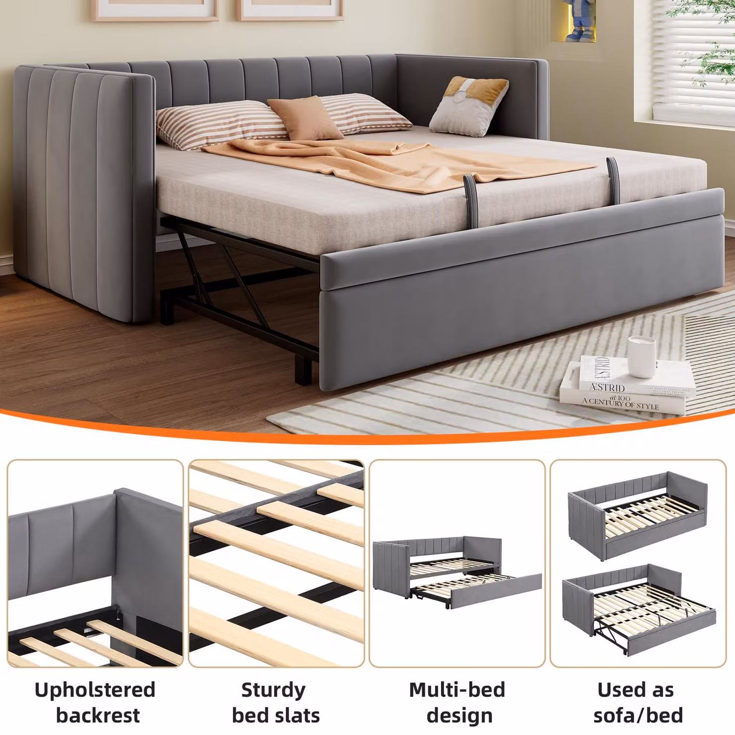Aosom UK Grey Upholstered Velvet Daybed with Pull-Out Trundle, W: 140 cm, D: 200 cm, H: 100 cm – 3