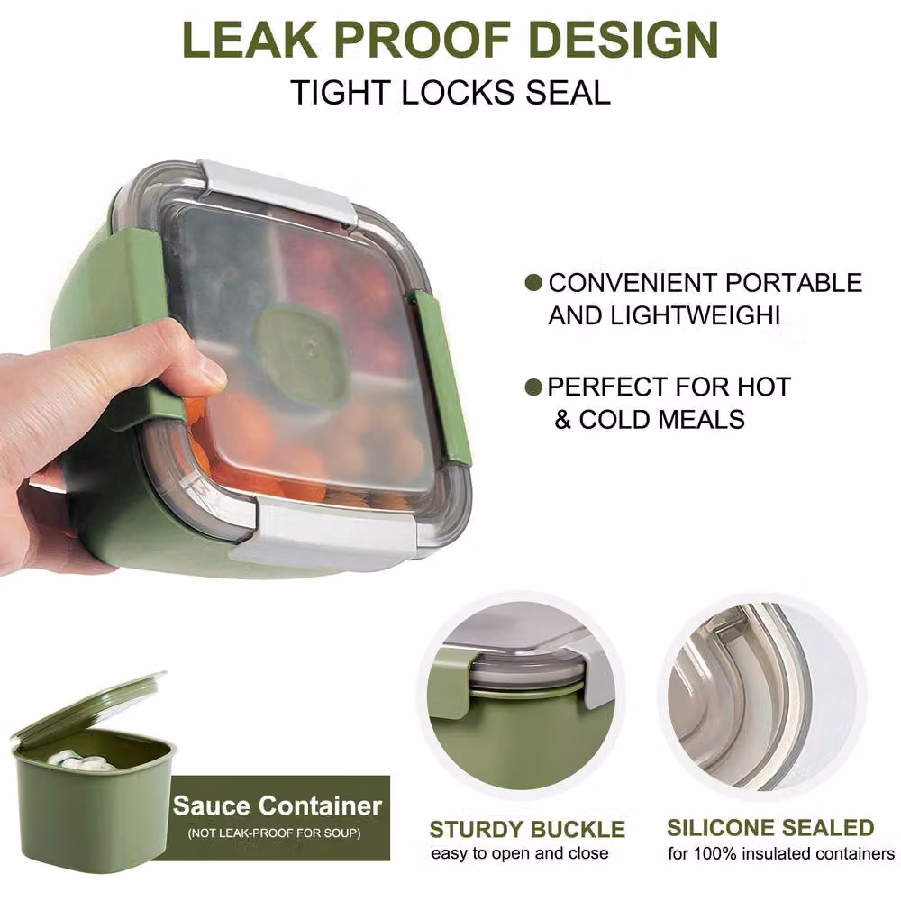 Greentainer Salad Container and Lunch Box with 3 Compartments and Spoon, Green, 52 oz – 5