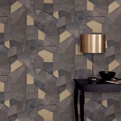 Erismann Elle 10445-37 Non-Woven Abstract Grey and Gold Metallic Tile Look Wallpaper