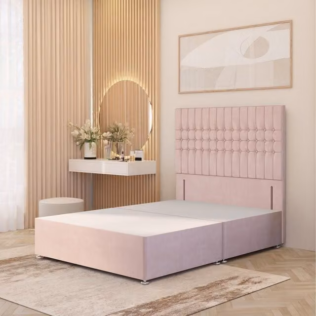 Somnior Beds Ltd Lexington Divan Bed Base with 54 inch Floor Standing Headboard in Pink Plush Velvet, W/D/H: 180 x 200 cm