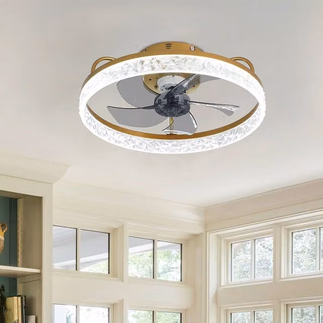 Livingandhome Dimmable Tri-Color LED Ceiling Fan Light with Crystal Halo Ring in Gold/Brass