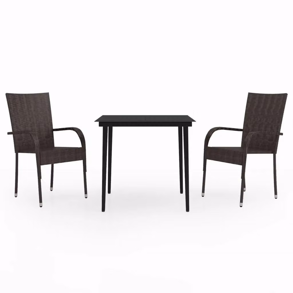 Berkfield Home 3 Piece Modern Garden Dining Set in Brown and Black with Glass Top and Powder Coated Steel Frame – 2