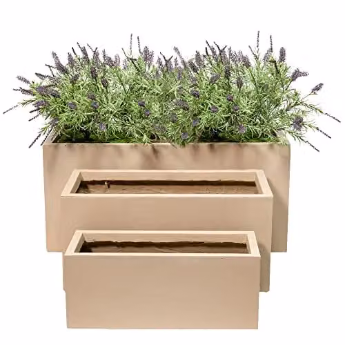 Primrose Fibrecotta Sand Beige Rectangular Trough Planter Stone Effect W: 80 cm, D: 37 cm