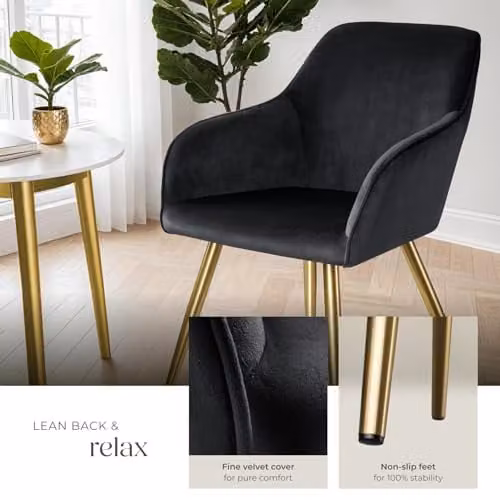 tectake Set of 6 Velvet Dining Chairs with Armrests and Gold Steel Legs, Black/Gold – 6