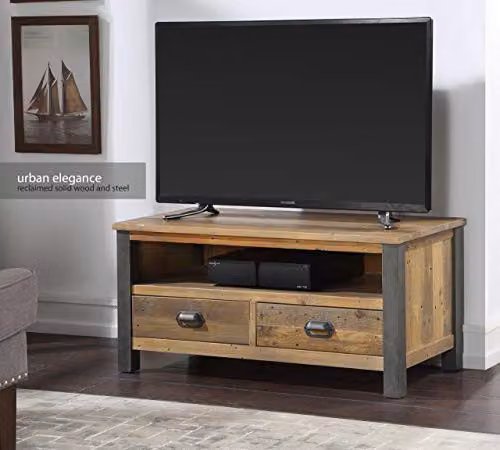 baumhaus Urban Elegance Industrial Reclaimed Widescreen TV Cabinet in Brown with Solid Wood and Steel Frame, W: 100 cm, D: 45 cm, H: 47 cm – 2