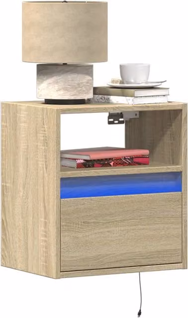 Berkfield Home Set of 2 Wall-mounted Bedside Cabinets with Integrated LED Lights in Sonoma Oak Brown