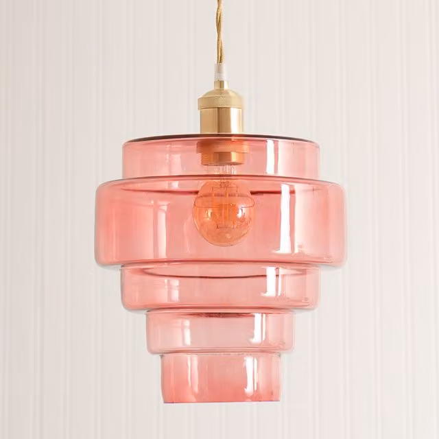 ValueLights Lane 5 Tier Layered Glass Easy Fit Ceiling Light Shade and LED Bulb in Pink, Green and Transparent