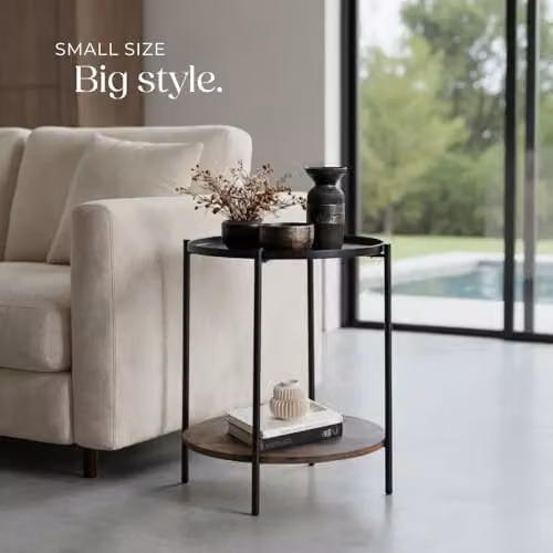 tectake Round Side Table with 2 Shelves and Metal Frame in Black and Brown, Ø 45.5 x H 54.5 cm – 9