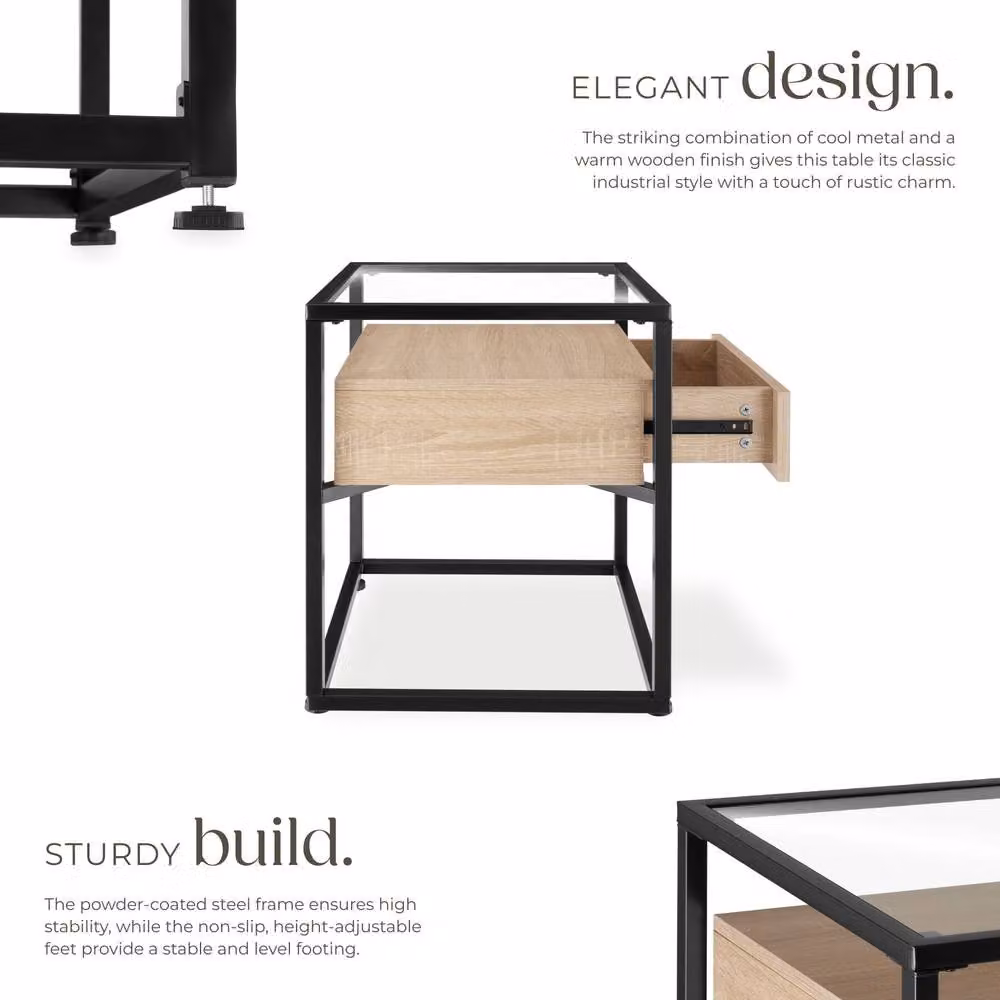 tectake Nightstand with Glass Surface and Drawer in Light Oak – 3