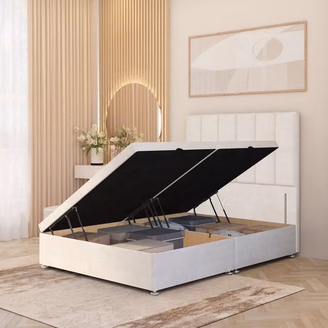 Somnior Beds Ltd Austin Plush Velvet Solid Wood Ottoman Bed with Floor Standing Headboard, Ivory, W/D/H: 90 x 190 x 92 cm