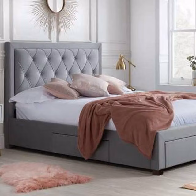Birlea Woodbury Double Bed in Grey Velvet Upholstered Fabric with Drawers