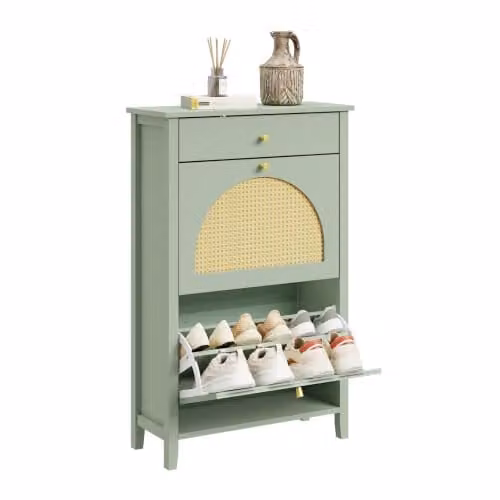 SoBuy Country House Shoe Storage Cabinet with Rattan Doors and Tilting Compartments in Green and Yellow, W/D/H: 62 x 25 x 97 cm – 1